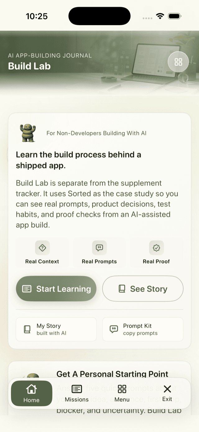 Build Lab home screen showing real context, real prompts, and real proof