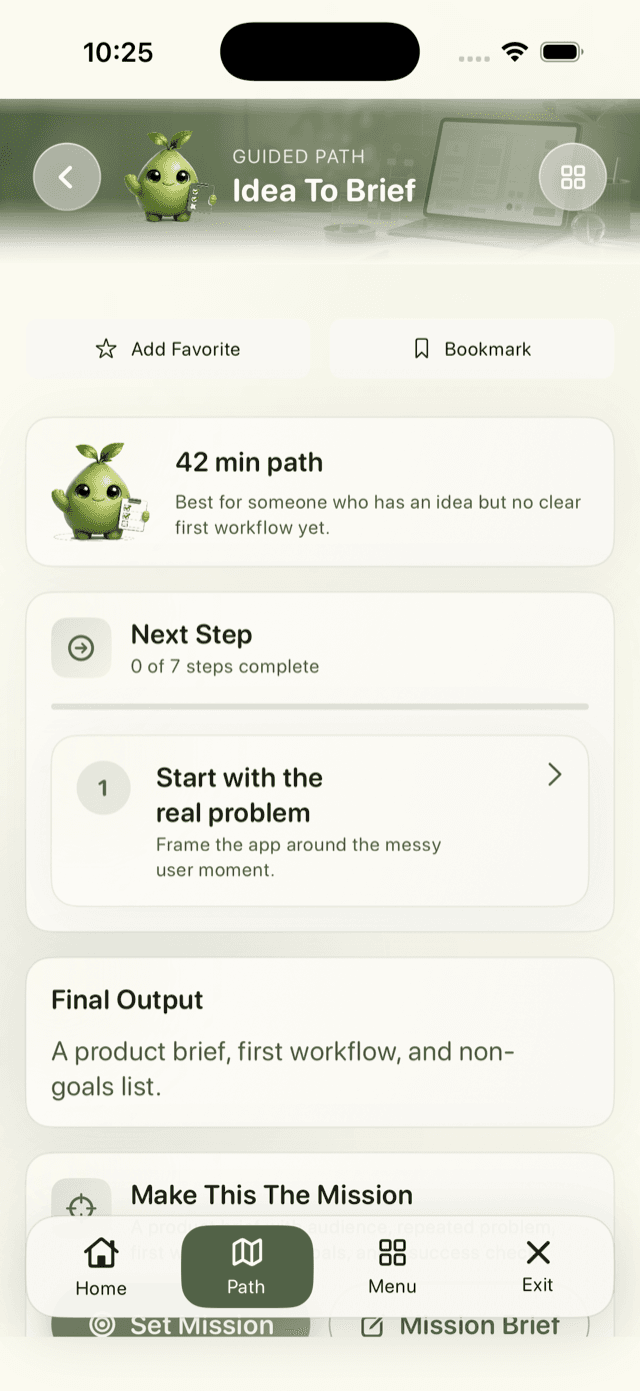 Build Lab path screen showing the Idea To Product Brief workflow