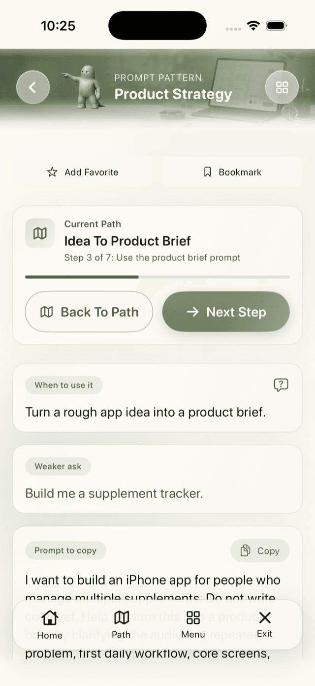 Build Lab prompt screen showing a weaker ask and a prompt to copy