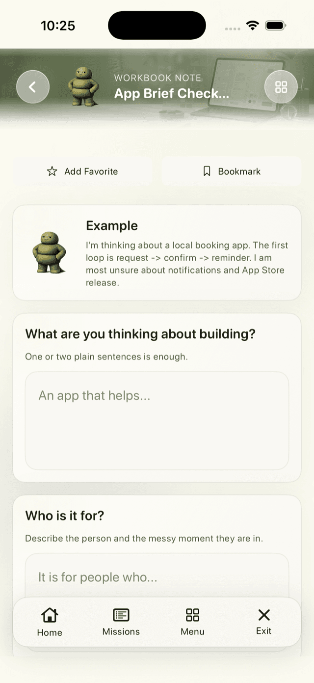 Build Lab workbook screen showing the builder check-in fields