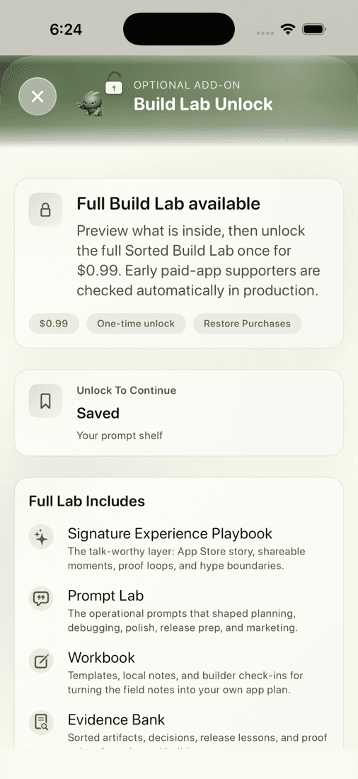 Sorted Build Lab unlock screen