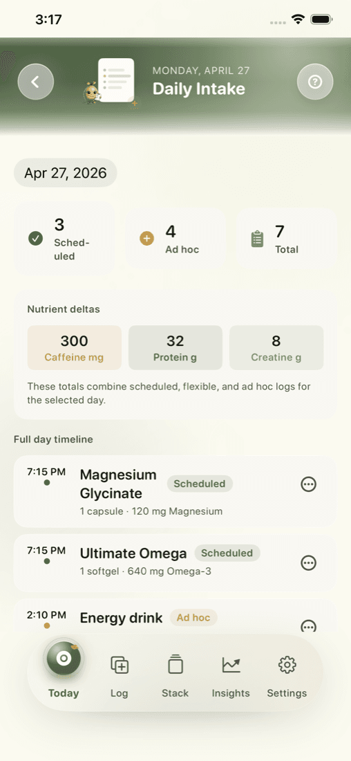 Sorted daily intake ledger screen