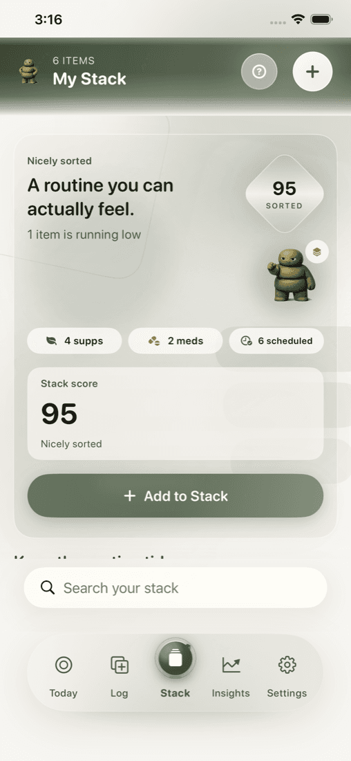 Sorted Stack screen showing organized supplements