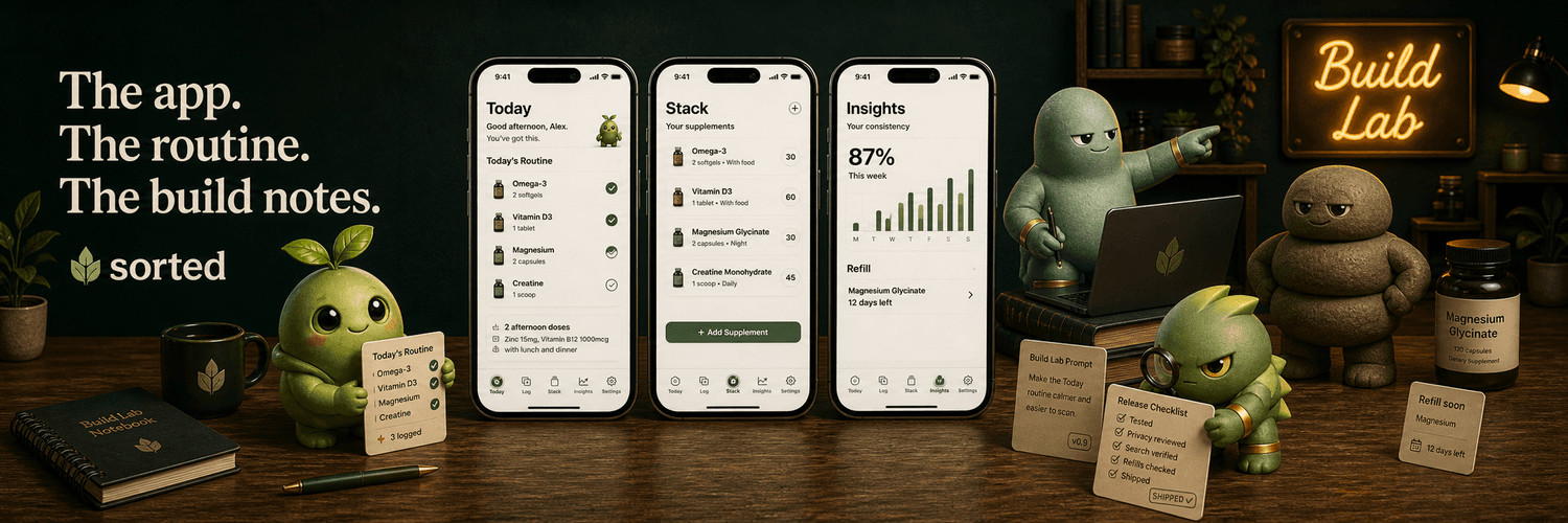 Sorted Twitter banner showing the app, routine screens, Build Lab characters, and the line: The app. The routine. The build notes.